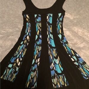 Connected Apparel Black Maxi Dress with Blue and Green Graphic Panels.  C32